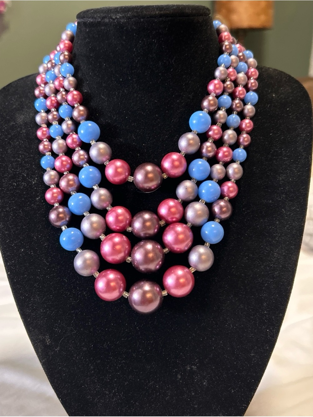 Vintage 4 Strand Purple Violet Rose & Blue Graduated Bead Necklace 17” Japan